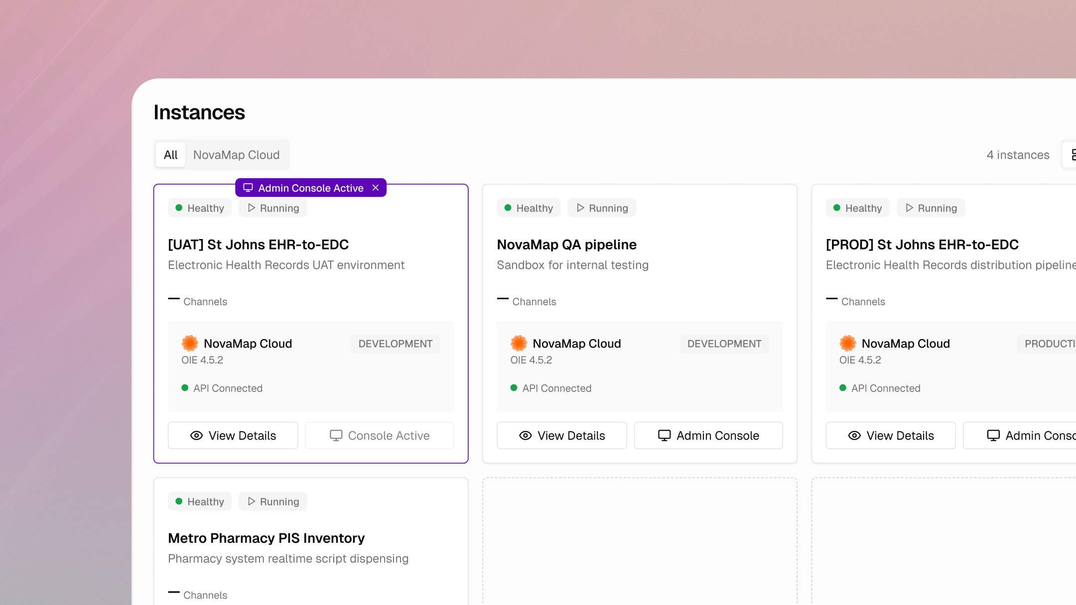 The NovaMap portal Instances page — opening the OIE admin console and showing which consoles are active